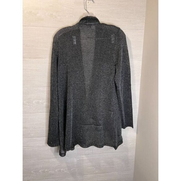 Metallic Women's Sheer Draped Open Front Cardigan Jacket Black Silver - Picture 4 of 6